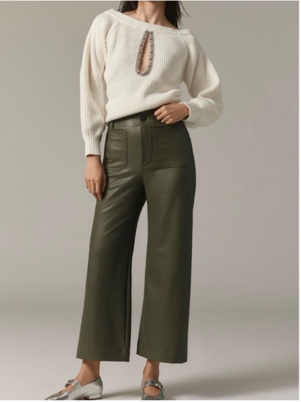 Maeve Colette Wide Leg Faux Cegan Leather Olive Green Cropped Pants 26 Tall